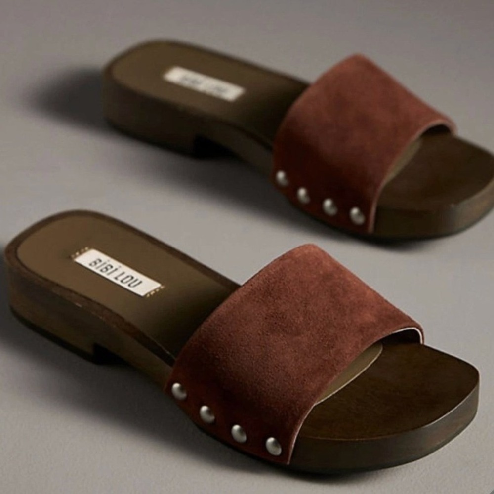Bibi Lou Women Brown Suede Studded Wood Sole Slide Sandals Clogs 38‎ / US 7.5